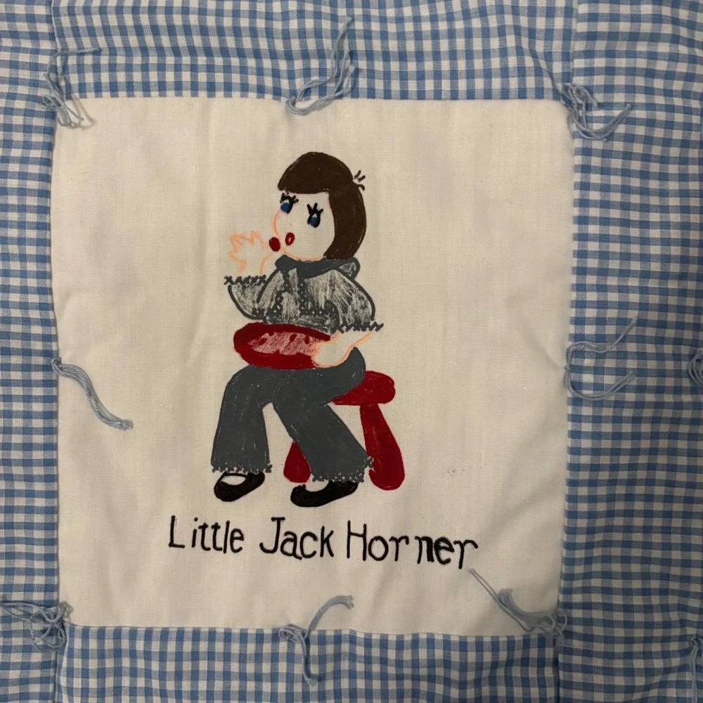 Vintage Nursery Rhyme Crib Quilt Hand Painted Gingham Blue White 12 Panel